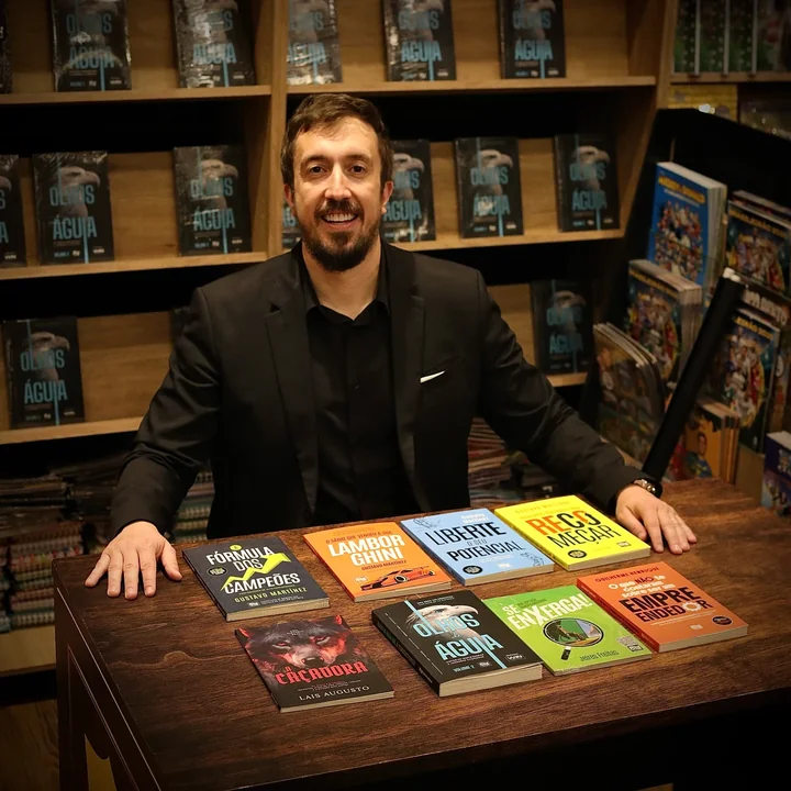 Autor em lançamento editorial com livros da Editora Newcastle